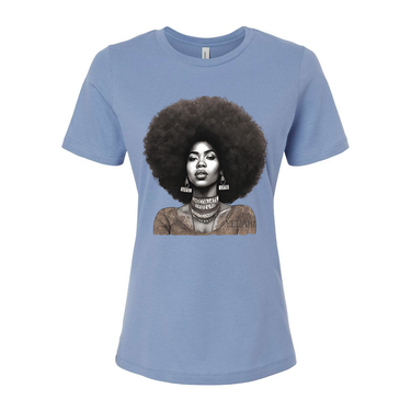 Black t-shirt featuring an illustration of a beautiful woman with an afro, celebrating confidence and natural beauty- inspirational tees